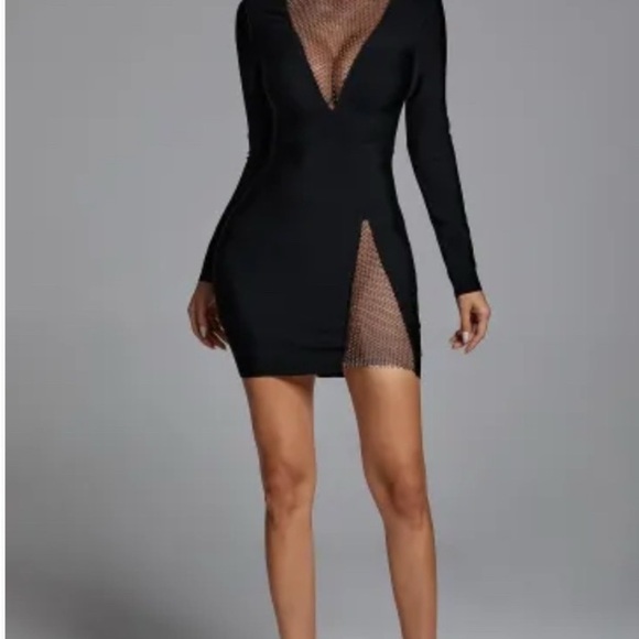 Bella Barnett blackBodycon Dress with Plunge Neckline and Slit